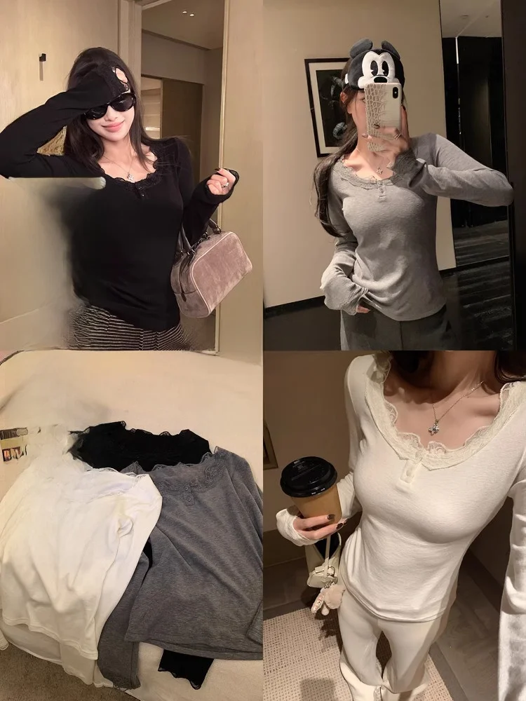 

Женская футболка EKOOL с кружевной отделкой и длинным рукавом, зимняя новинка, корейский стиль, универсальный крой, облегающая базовая модель