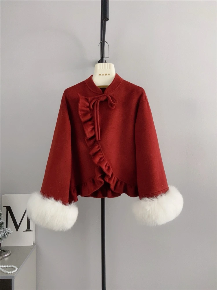 Pure wool double-sided cloth with fungus edge short jacket, natural fur sleeves, wool cloth, Haining fur, autumn and winter