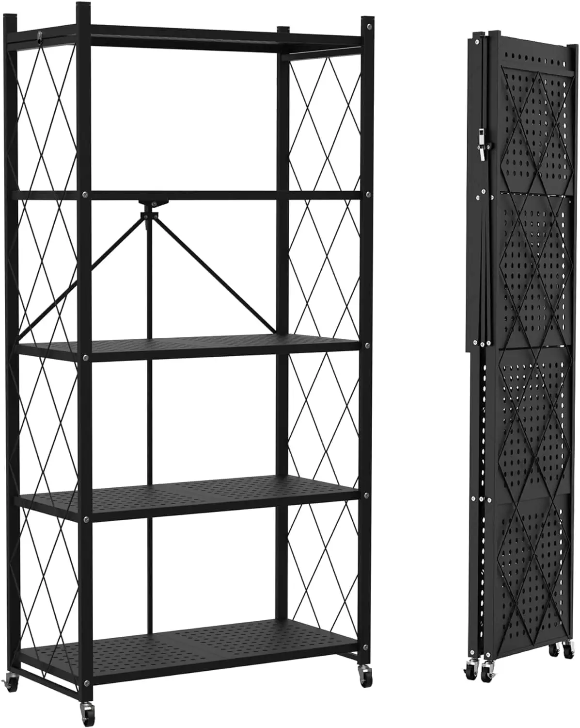 5-Tier Foldable Storage Shelf with Wheels - Metal Collapsible Shelving Unit Display, Rolling Cart for Books Kitchen Storage