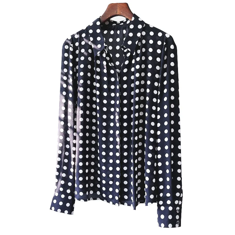 New  Silk Blouse Women French Style Polka Dots Spring Autumn Long Sleeve Elegant Slimming All-matching Bottoming Top Lady