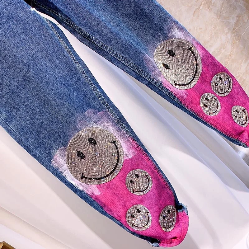 Drilling Cute Hot Cartoon Casual Color Printed Jeans for Women High Waist Slimming Straight Denim Pants 2023 Spring New Arrival