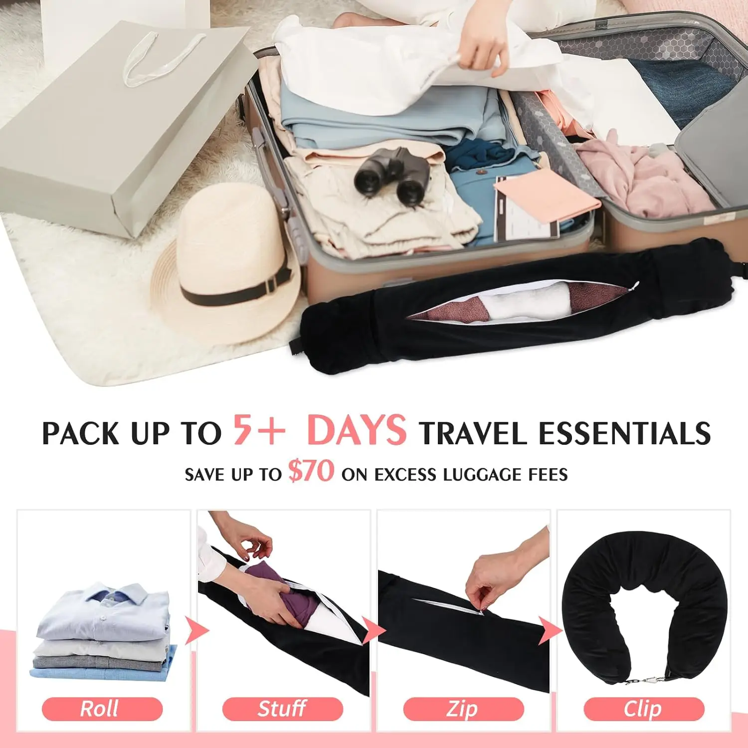 Stuffable Travel Neck Pillow, Soft and Comfortable Stuffable Airplane Pillow, Adjustable Neck Fit, Carry-on Suitcase, Black
