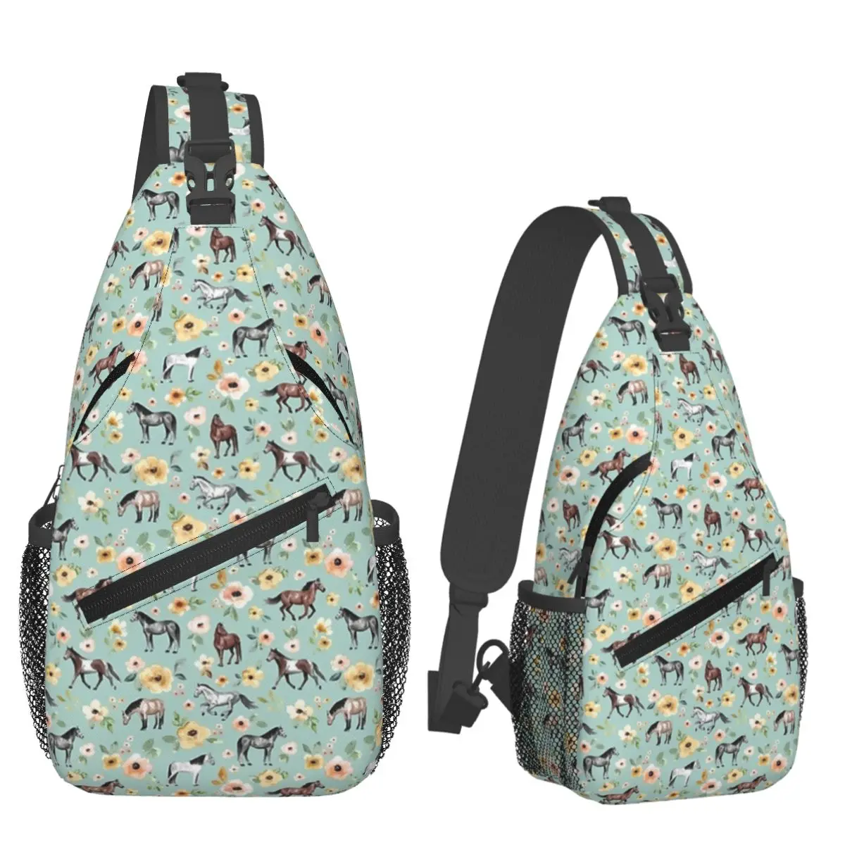 Horses With Flowers, Sunrise Floral, Blue, Horse Decor, Backpack Chest Bag Men Crossbody Backpack Chest Bag Daypack Shoulder Bag