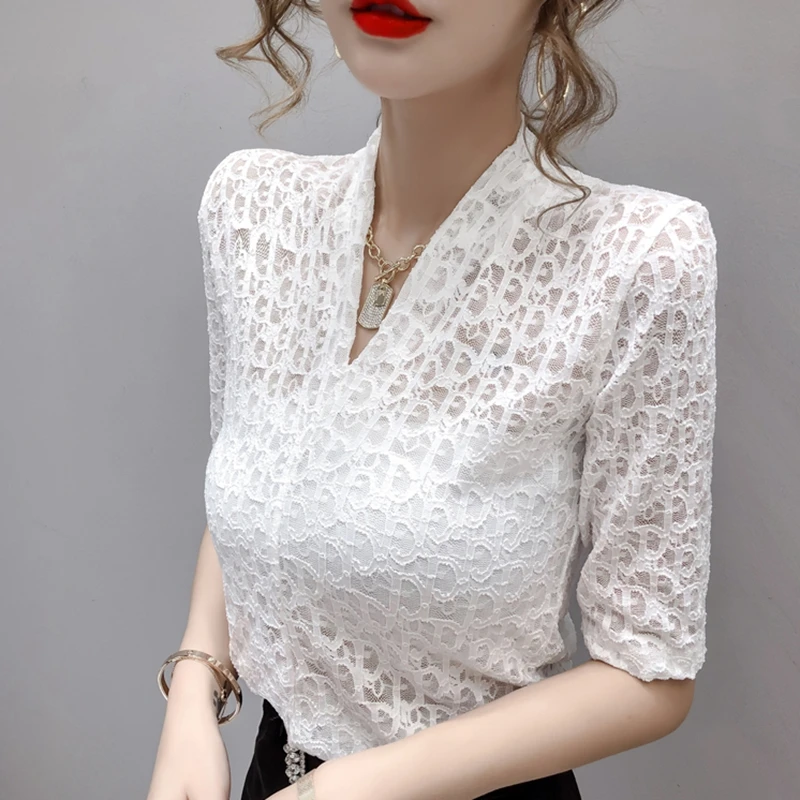 Hollow Out Summer Lace Blouses Womens 2024 Fashion Streetwear Transparent White Ladies Tops Korean Slim Sexy Black Blouse XXL