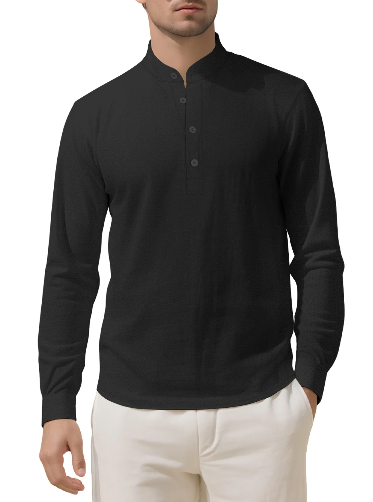 

Мужские свободные повседневные модные однотонные рубашки с воротником-стойкой и длинными рукавами, мужская модная хлопково-льняная одежда, топы, майка