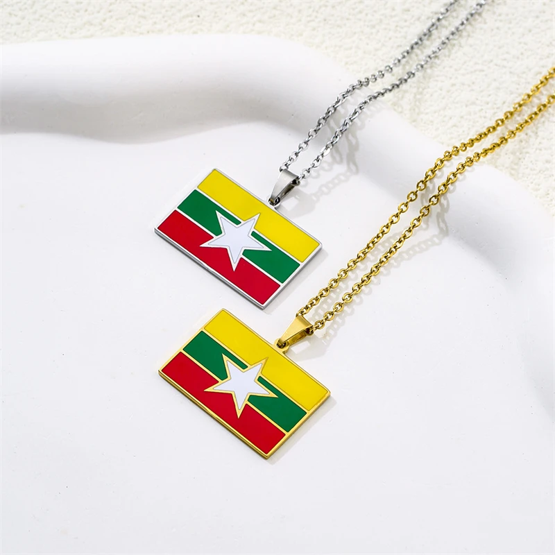 Enamel Drop Oil Myanmar Flag Pendant Necklace For Women Gold Color Stainless Steel Jewelry Ethnic Party Birthday Gift