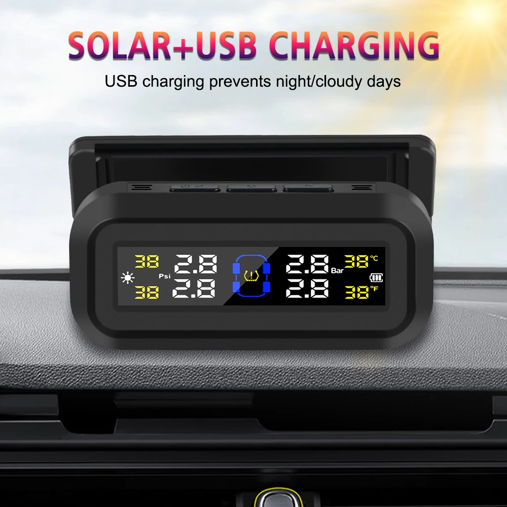 Tyre Temperature Monitor Solar USB Powered Car TPMS Digital LCD Display Auto Security Alarm Tire Pressure Monitoring System