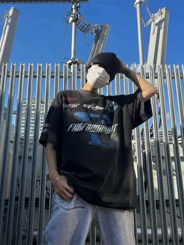 

American Pure Cotton Printing Fashion Short-sleeved Men's Tide Brand Racing Style Loose Printed Top T-shirt Tide Brand