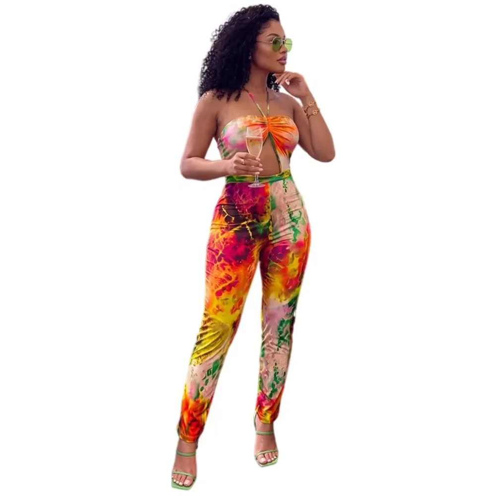 Tie Dye Print Women's Cutout Ruched Jumpsuits Lace-Up Halter Strapless Sleeveless Backless Sexy Bodycon