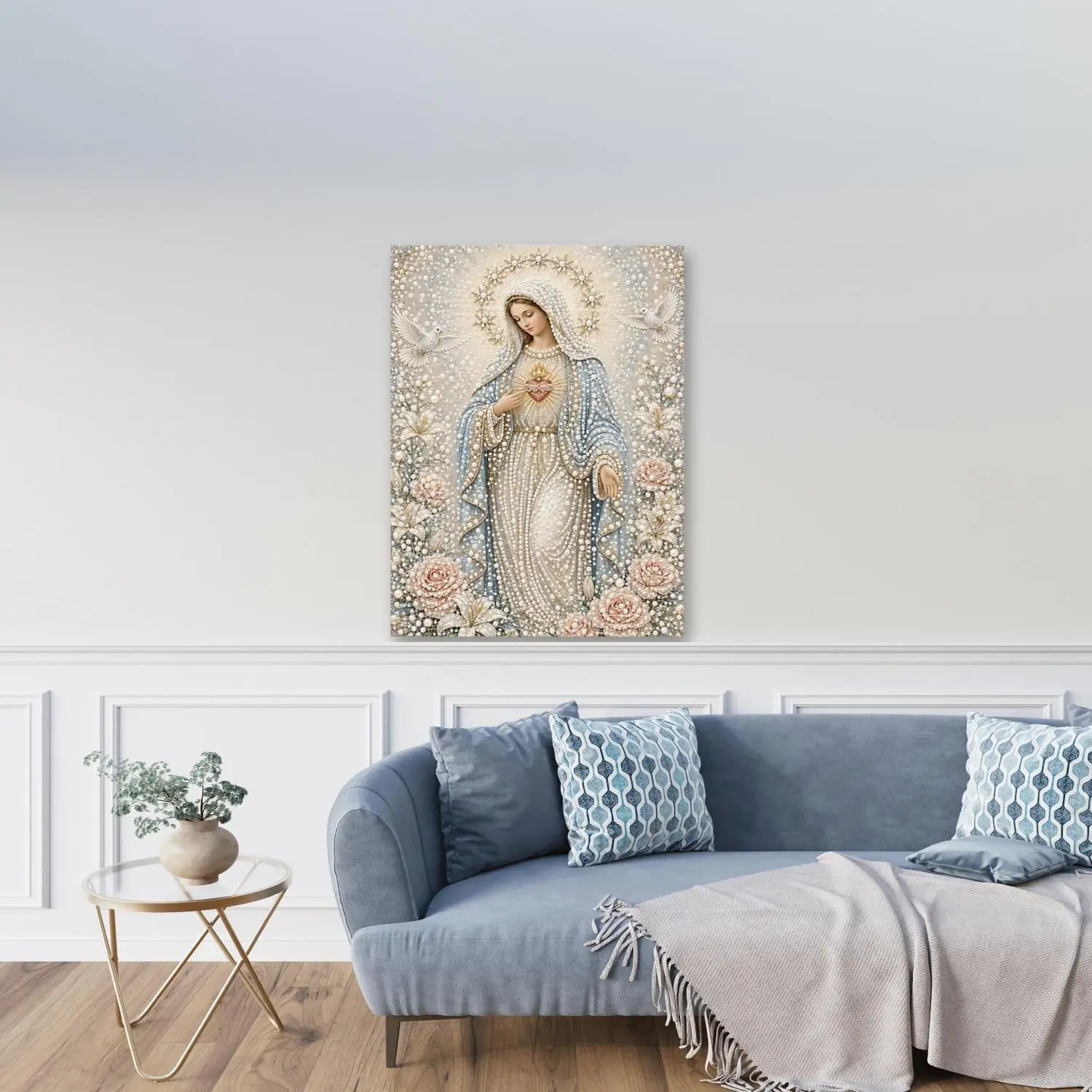 Virgin Mary and Christ Child Framed Half Round Pearl Art Painting Christianity Figure Portrait Diamond Painting Home Decor Gift