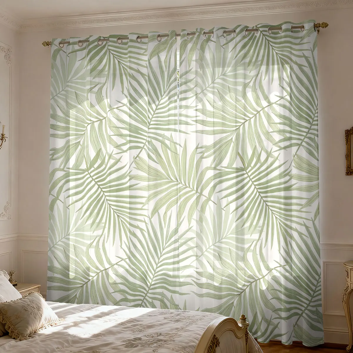 2pcs Green Plant Leaf Print 90g Perforated Printed Curtains In Multiple Sizes Bedroom Insulation And Light Blocking Decoration