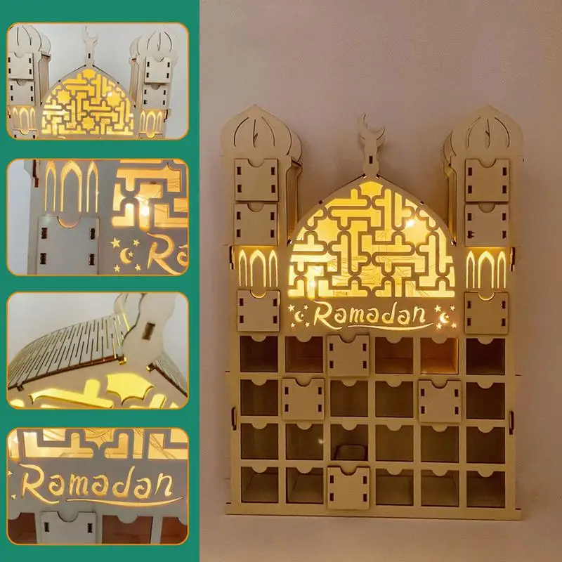 Calendar Decoration Eid Countdown Calendar Wood Palace Ornament with LED lights Decor for Bedroom Living Room Eid Al-fitr Party