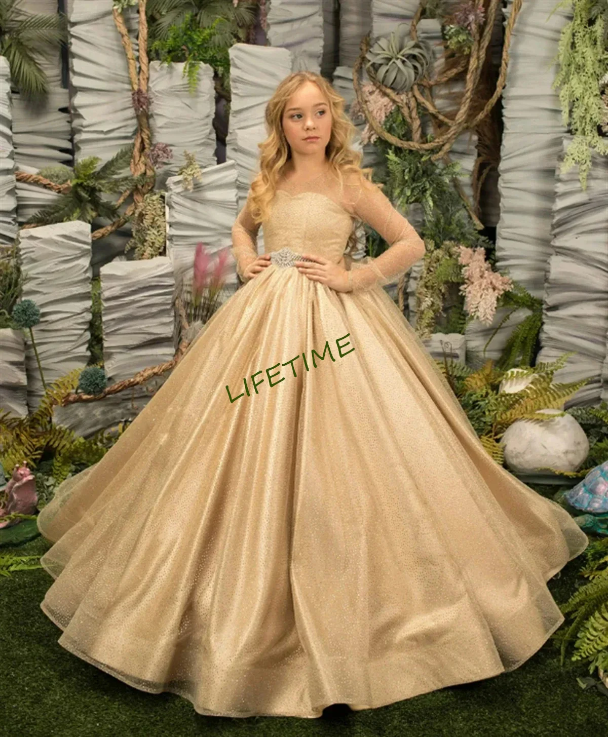 Vestido Menina Flor com Cinto Frisado, Cetim Fofo, Dourado, Tule, Casamento, Elegante, Primeira Criança, Eucarística, Festa de Aniversário