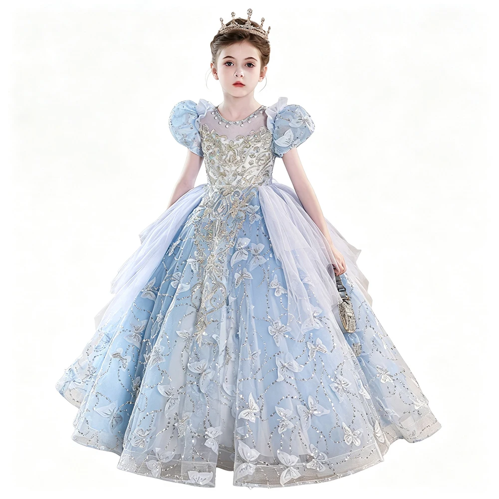 Sky Blue Girls Evening Prom Birthday Party Piano Recital Dress Puff Short Sleeve Butterfly Gown Princess Kids Pageant Dresses