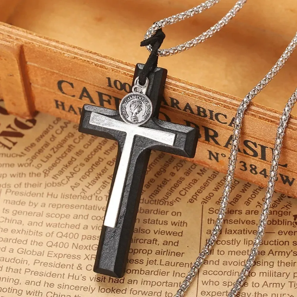 Retro Double-Layer Head Coin Wood Cross Necklace Pendants for Men Long Chain  Wooden Jewelry