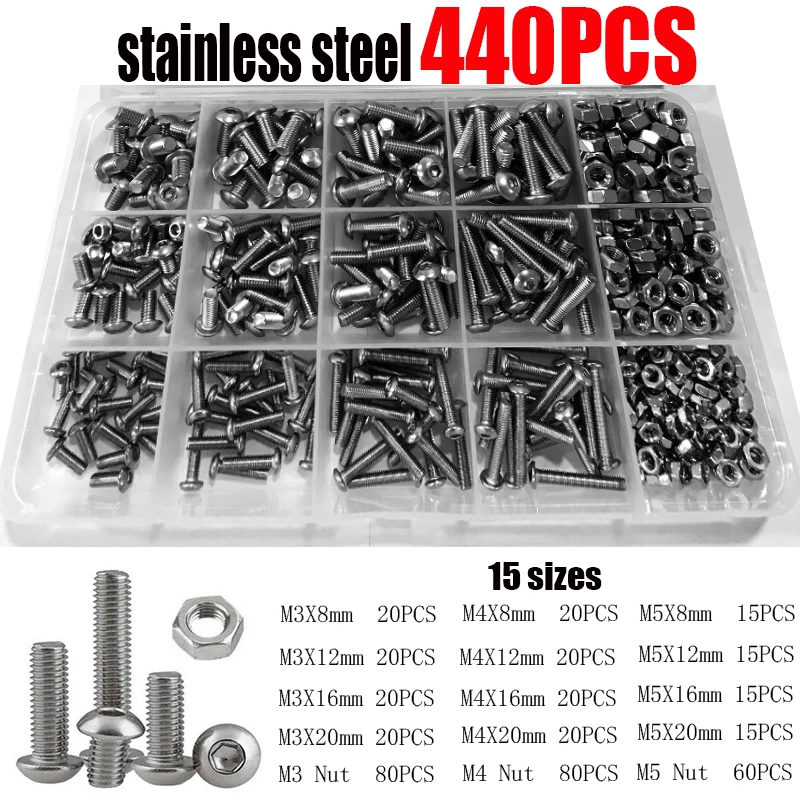 

440pcs M3 M4 M5 Screws Nuts Hexagon Socket Button Head Screws Lens Head Screws with Inside Hexagon Stainless Steel Screws