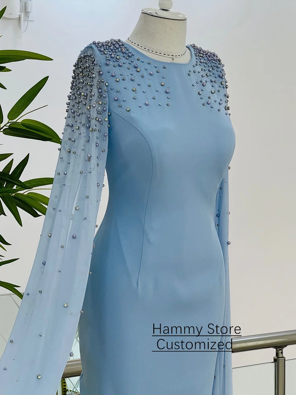 Abito da sera arabo personalizzato Abito da ballo Elegante girocollo maniche lunghe Perle Perline Abiti da festa arabi sauditi