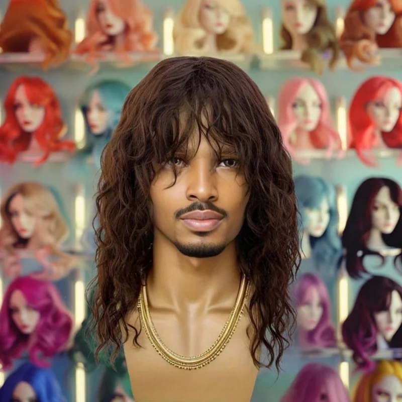 

Men's Long Wavy Wig - Anime Cosplay & Rockstar Style, Natural Synthetic Curly Hair, Soft & Lightweight Comfortable Cap