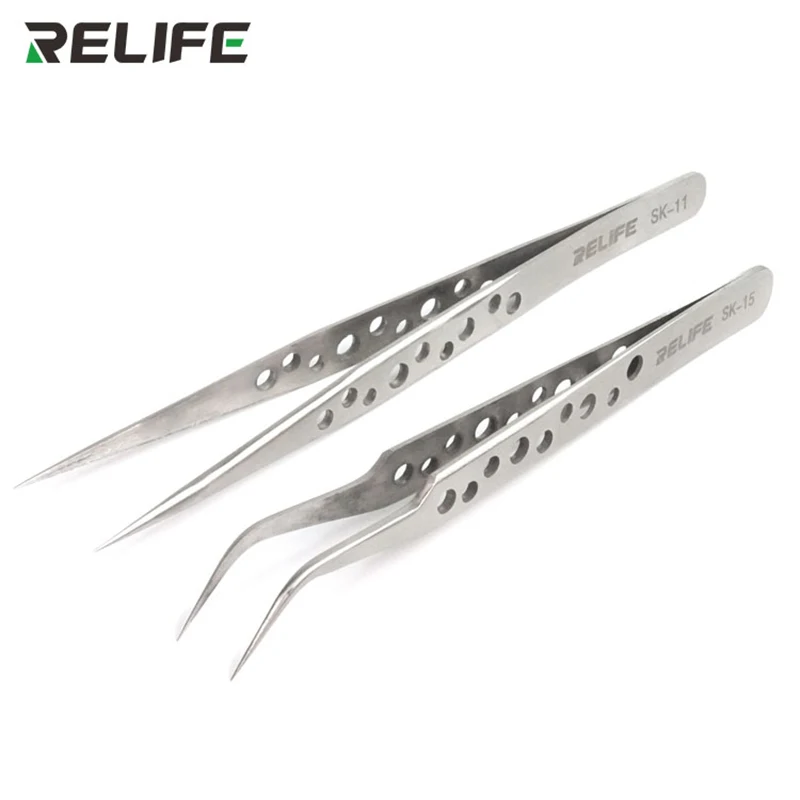 RELIFE SK-11 SK-15 Precision Straight Bent Tweezers with Holes Industrial Anti-static Non-slip Forceps Phone Repair Tools