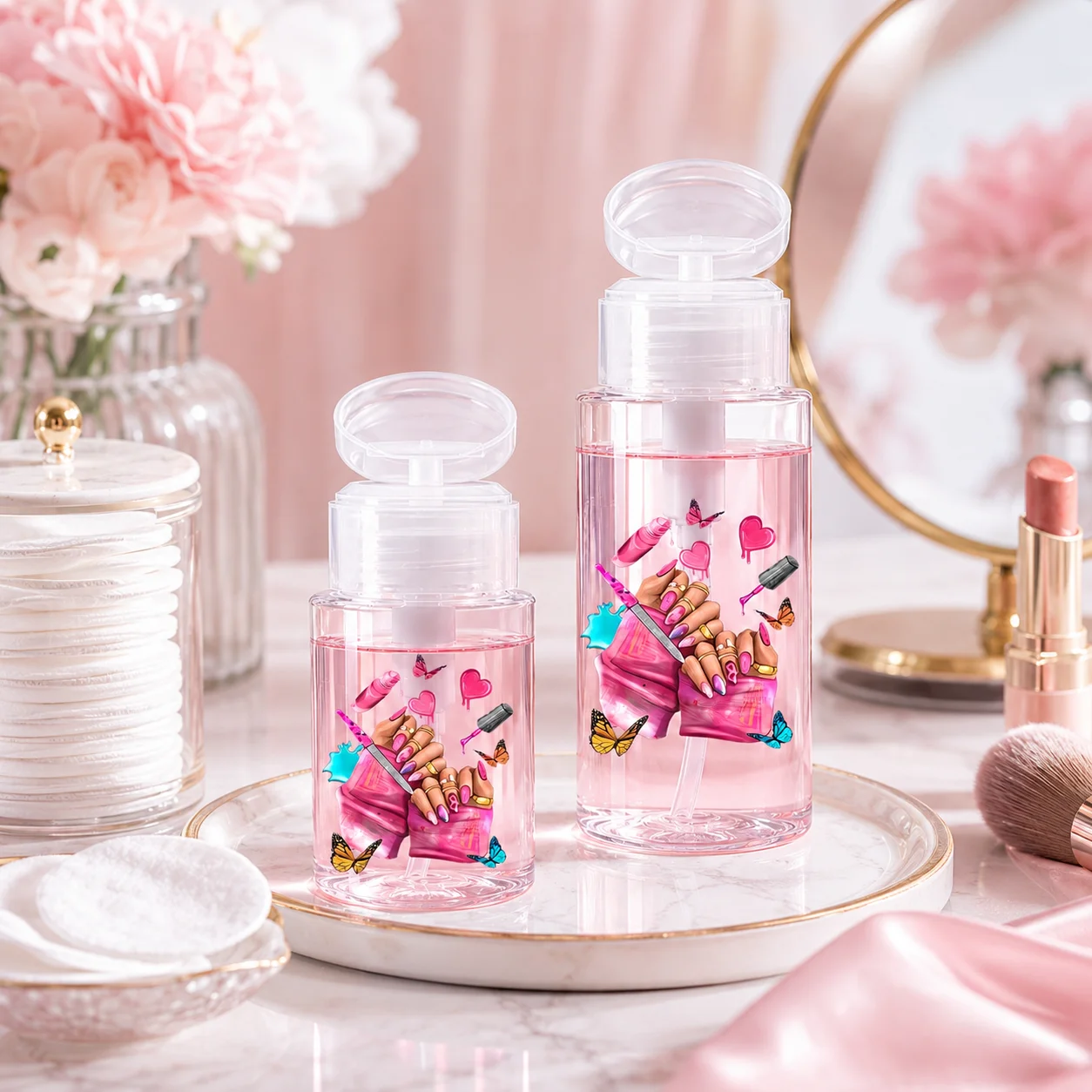 Pink Nail Polish Remover Pump Dispenser Bottle, Refillable Leakproof Press Top Container for Cotton Pads, Salon & Travel