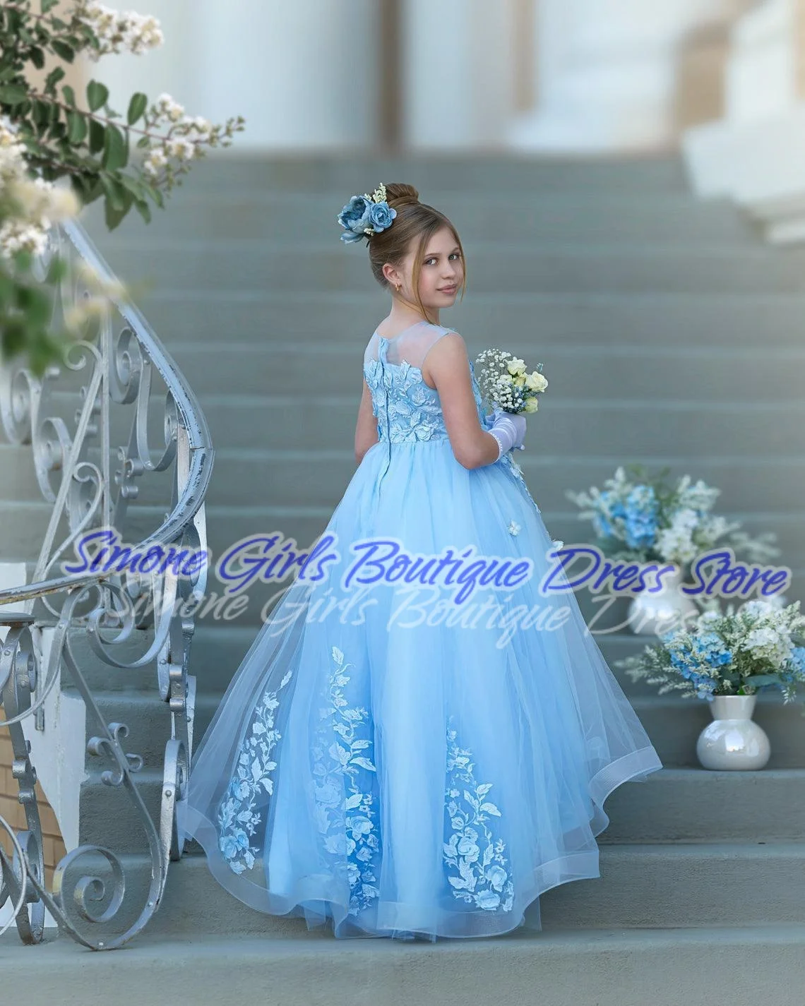 Sleeveless ball gown Blue patterned princess dress Flower Girl Dress for Birthday party dance Performances Formal Receptions