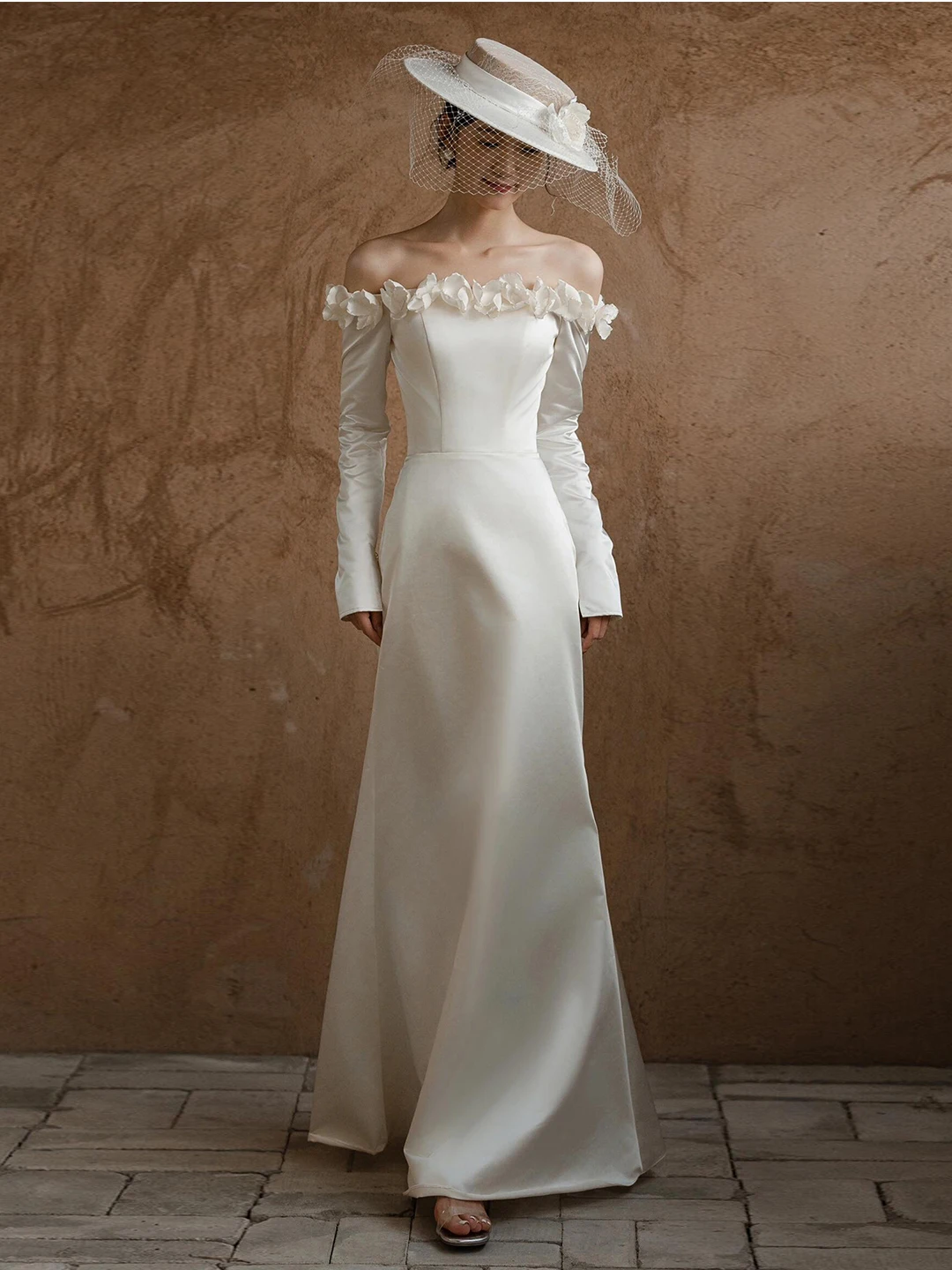 

Ele Long Sve Satin Wedding Dr One oulder Light Bridal Gown for Small Stature Women Faionable Zipper Sle Weddi...