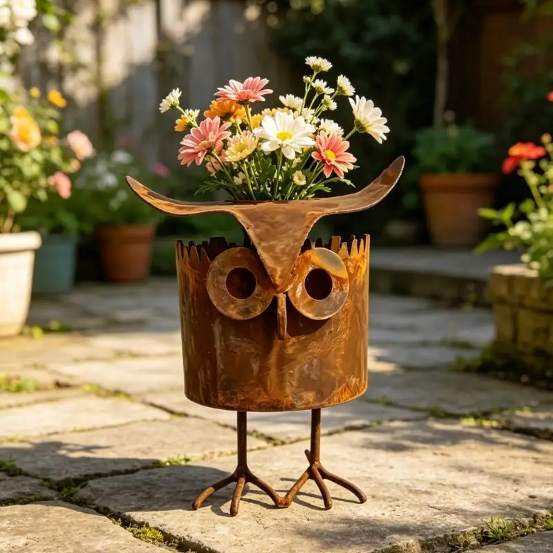 Bird Flower Pot Metal Plant Holder with Weathered Finish and Raised Bird Face for Table, Window Shelf or Garden Display B03E