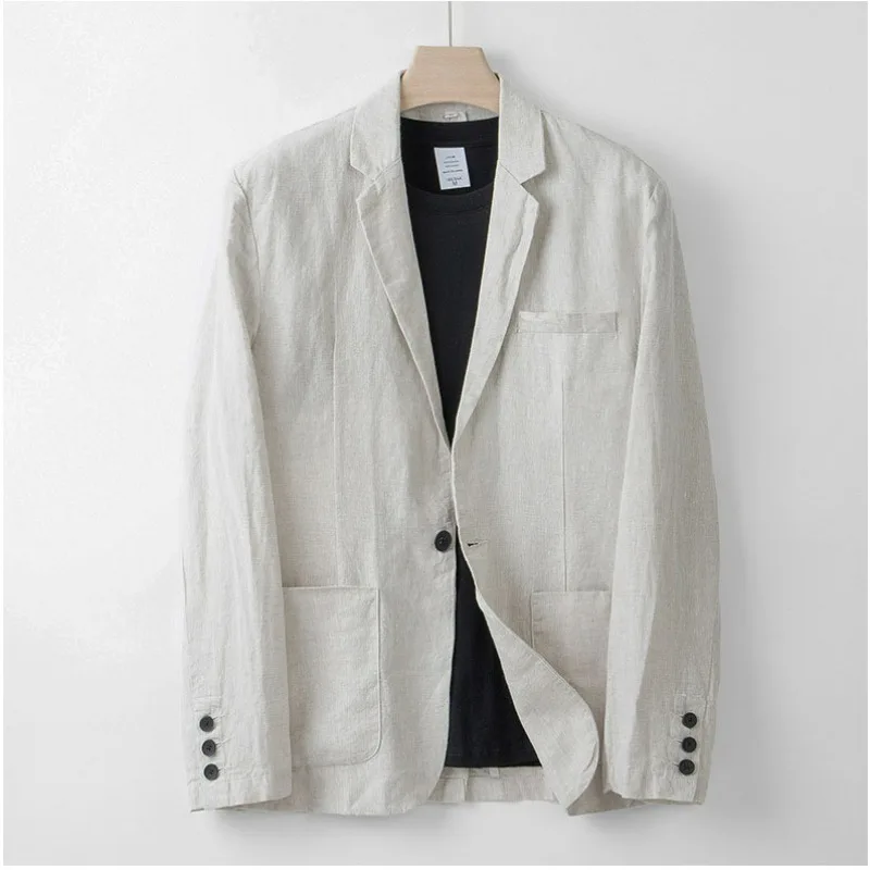 KIDWHXR Sommer Herrenanzug Einreihiger Blazer mit Taschen Elastische Taille Hose Dünnes Baumwoll-Leinen Atmungsaktives 2-teiliges Outfit – Detail 4