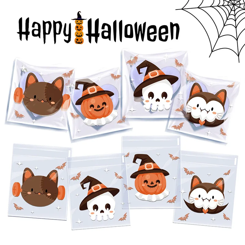 

100pcs/Set Halloween Cartoon Cat Gift Packaging Bags Nougat Cookie Baked Snack Bags Pumpkin Print Trick or Treat Party Supplies
