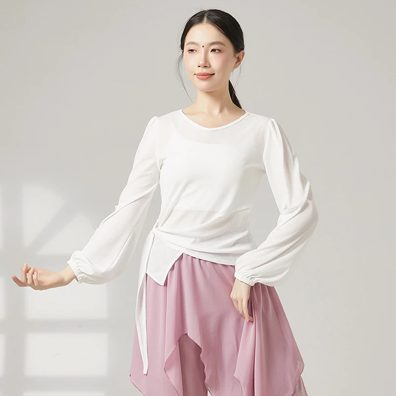 Women Modern Dance Shirt Thin Long Balloon Sleeve See Through Classical Dancing Practice Costume Adult Yoga Top Soft Breathable