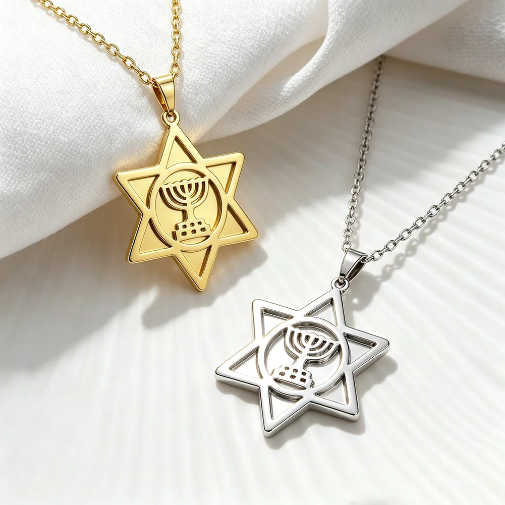 Star of David Menorah Pendant Necklace Stainless Steel Jewish Hexagram Star Vintage Religious Symbol Chain  Amulet Jewelry Gifts