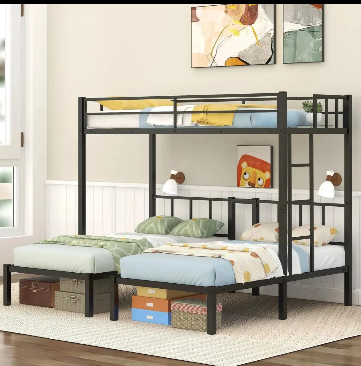 European Style Metal Loft High Bed Empty underneath Staggered Bunk Bed Design for Children and Parents for Living Room