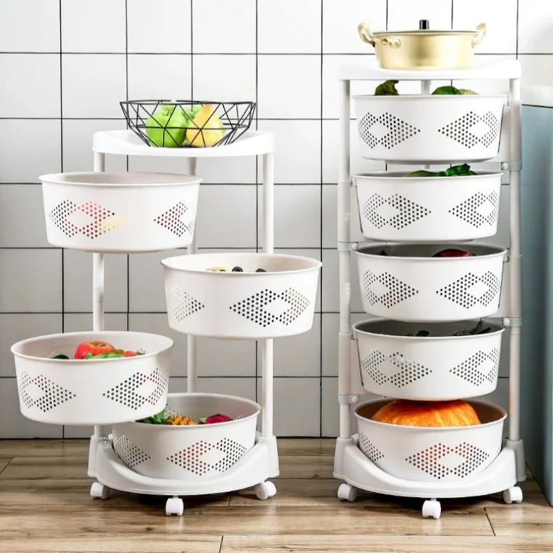 

360° Rotating Kitchen Shelf Floor Multi-storey Living Room Household Function to Put fruit and Vegetable Basket Storage Rack