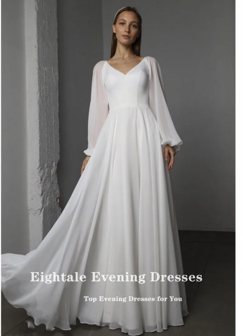 Eightale Arabic Wedding Dresses Customized V-Neck A-Line Long Sleeve Ivory Chiffon Beach Bridal Gown Vestidos De Novia