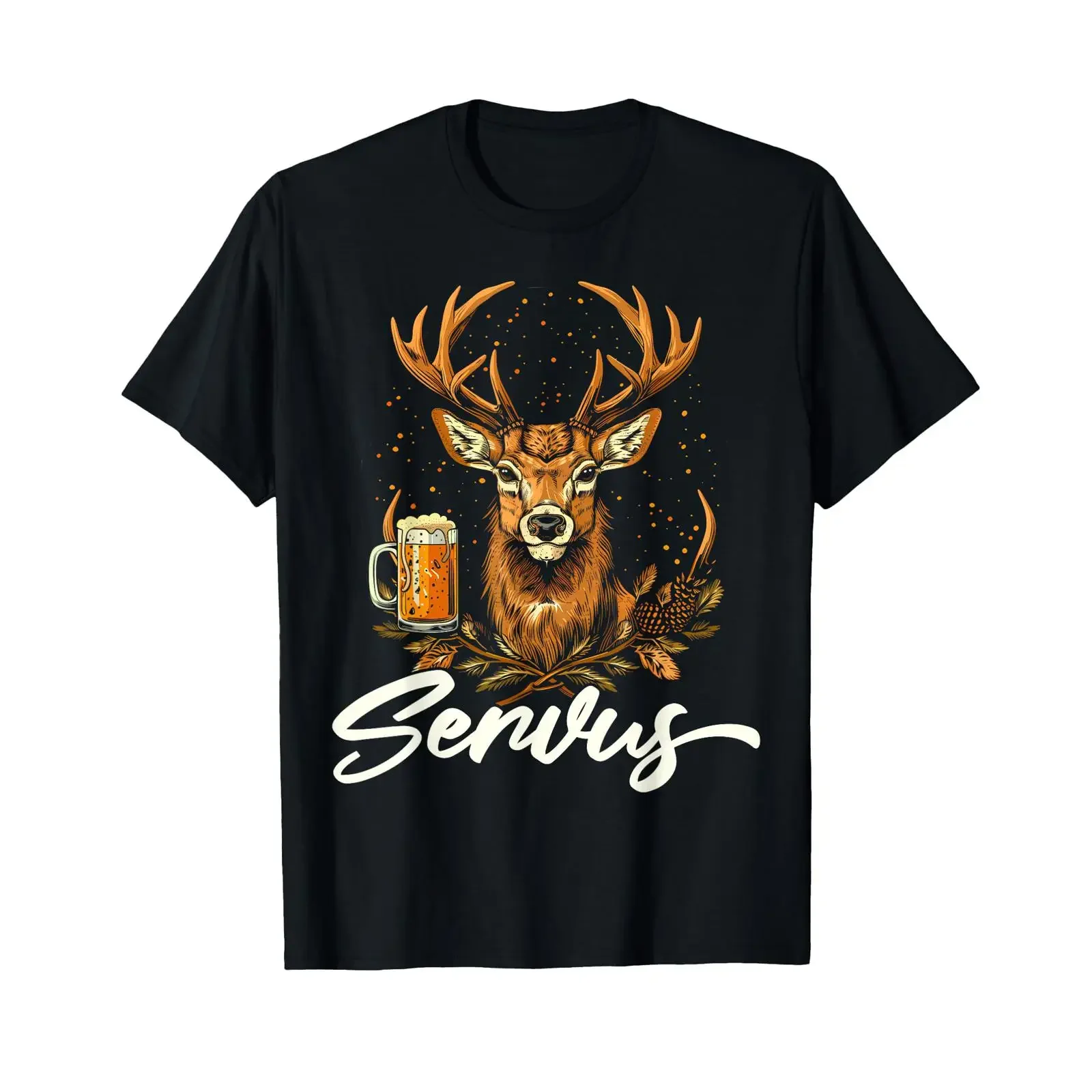 Футболка Servus Deer Antlers Beer для мужчин, забавная, в стиле Октоберфест, черная, винтажная, с эффектом потертости, для повседневной носки, с графическим принтом, удобная.