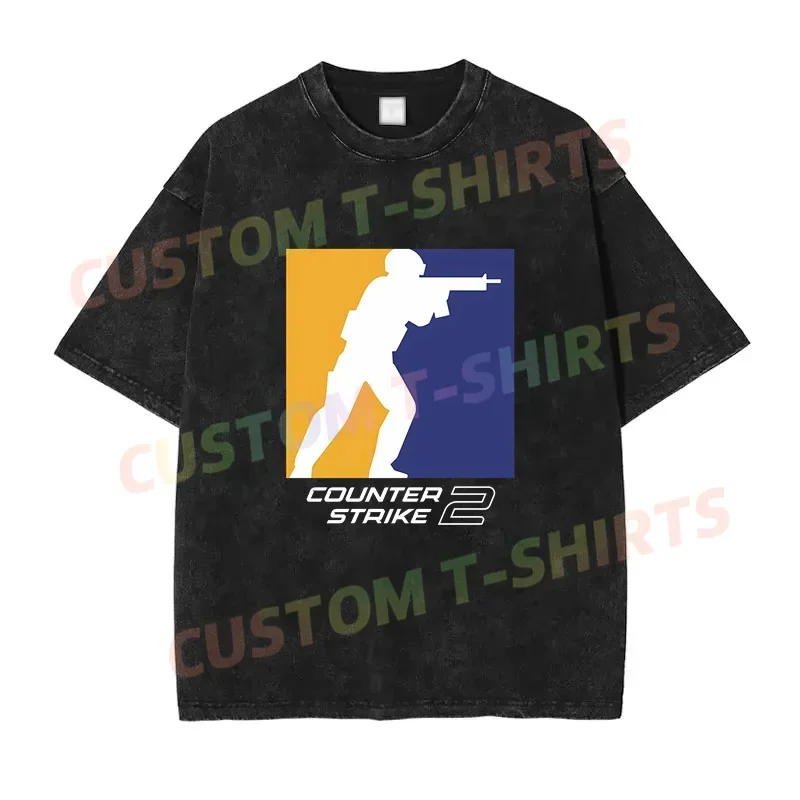 

2024 Summer Vintage Cotton Washed Logo T-Shirt Black By Counter-Strike Loose T Shirts Men Y2K Hip Hop Top Tee