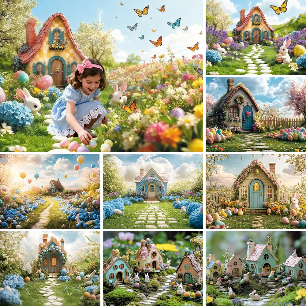 Spring Easter Cottage Photography Background Butterfly Meadow Bunny Egg Flower Kids Family Portrait Backdrop Photo Studio Props