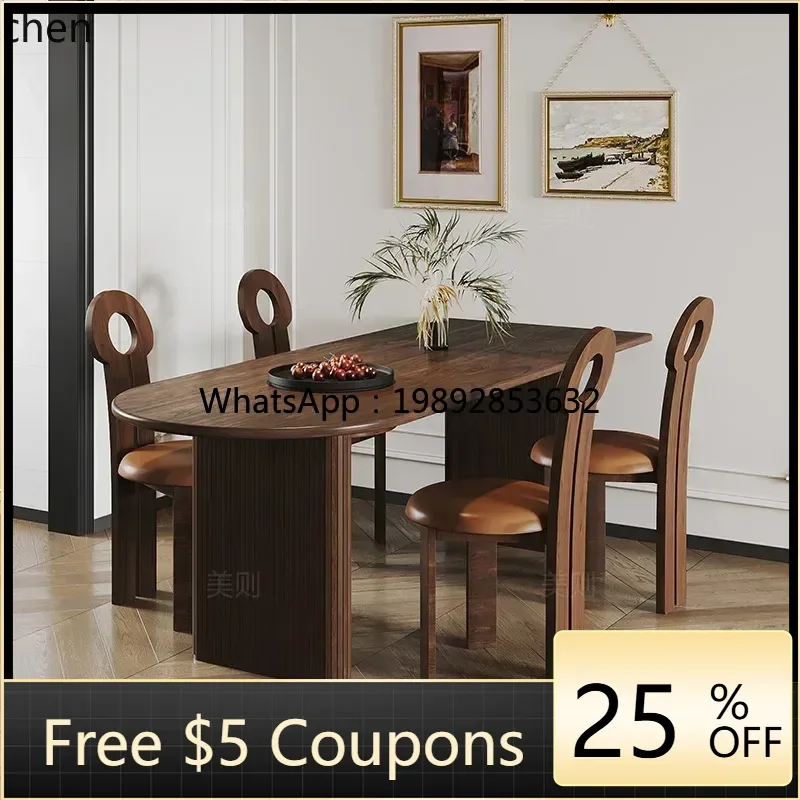 

AB black walnut against the wall, home retro semi-oval solid wood dining table, island platform integrated