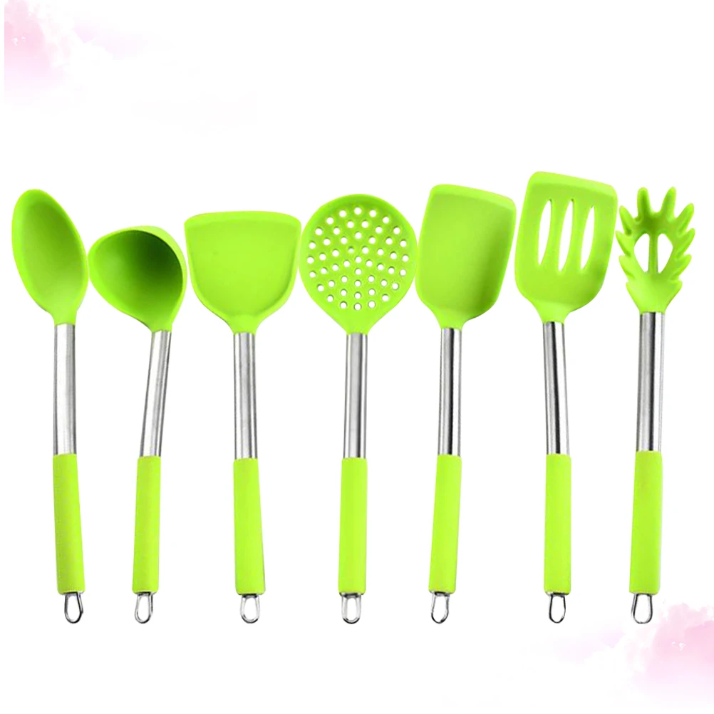 

7 pcs Stainless H Kitchen Utensils With Stianless Steel H Silicone Kitchen Utensils Set Light Green Non stick Cooking