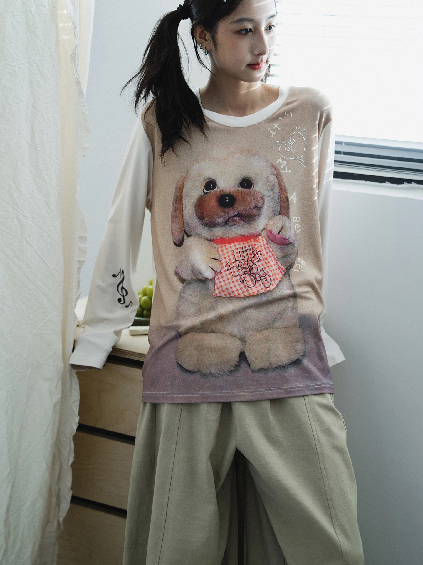 

Женская свободная футболка с милым принтом куклы-собаки, длинный многослойный топ све, осенний модный креативный топ из смеси хлопка