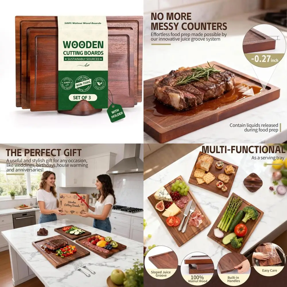 

Set of 3 Walnut Wood Cutting Boards with Holder, Large to Small, Deep Juice Grooves, Non-Toxic, Ideal Mother's Day Gift