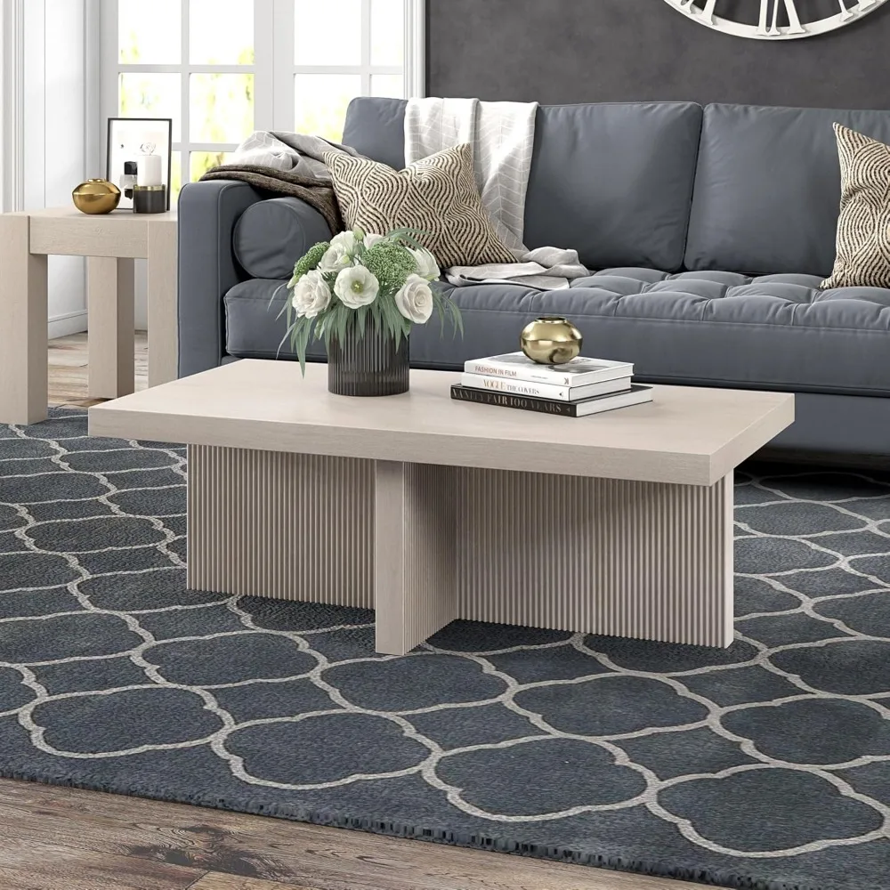 โต๊ะกาแฟไม้ลายร่องทรงสี่เหลี่ยม ดีไซน์เรียบง่ายสำหรับห้องนั่งเล่น ห้องครอบครัว หรือสำนักงาน สีขาวอัลเดอร์