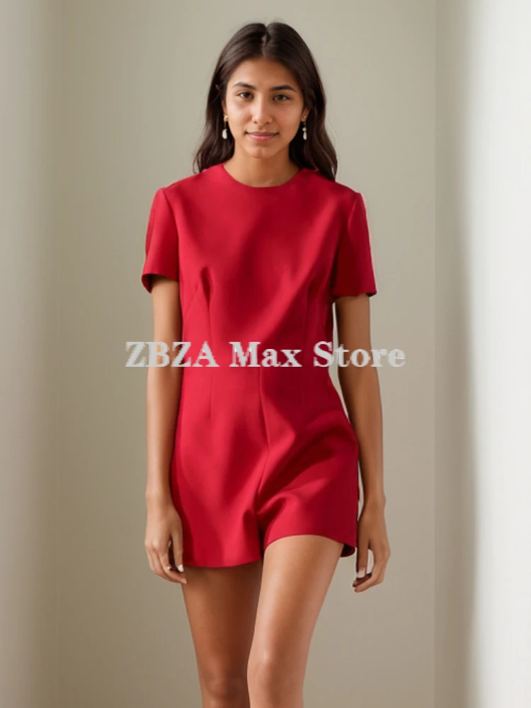 ZBZA Women\'s Bow Trim Short Jumpsuit Round Neck Hollow Out Solid Hidden Zip Mid Waist Backless Rompers New Female Chic Jumpsuit