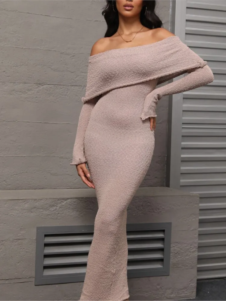 

Fashion Sexy Slash Neck Knitted Dresses Women 2025 Autumn Long Sleeve Vacation Beach Party Midnight Clubwear Bodycon Long Dress