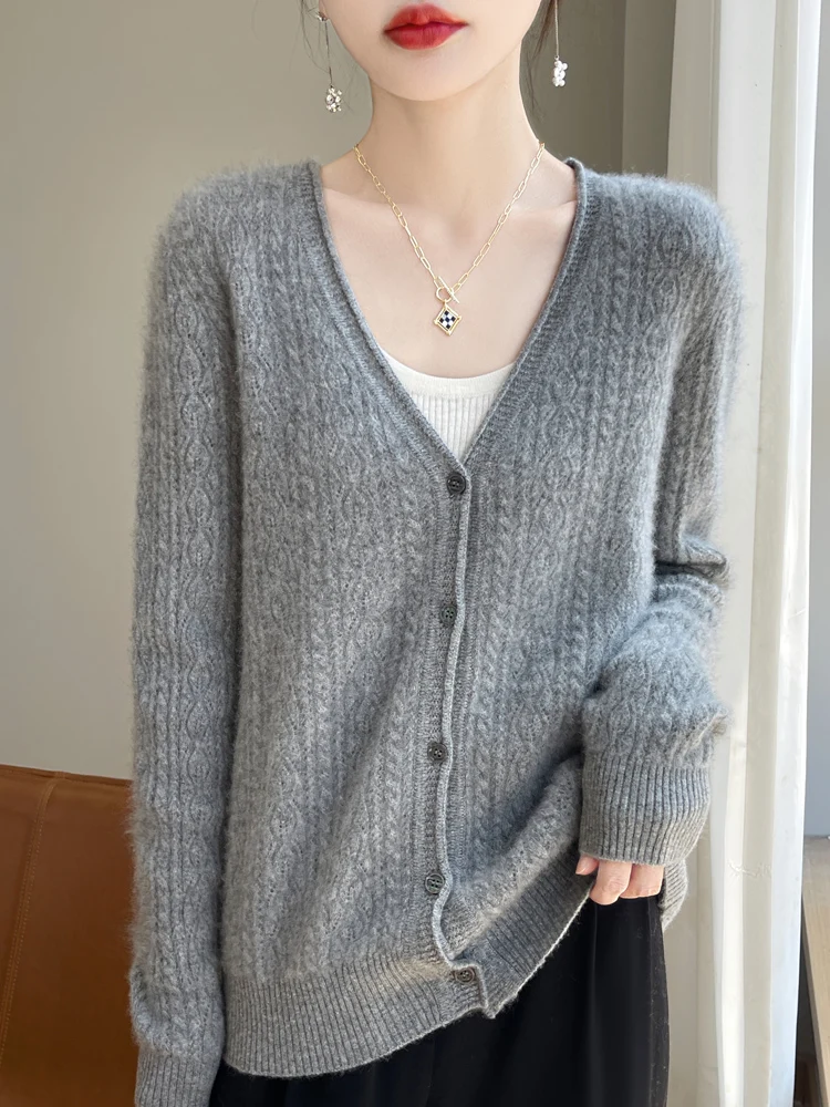 

Pure Color Hollow Out V-neck Button Autumn Winter Women's Cardigan Casual Basic Soft 100% Merino Wool Single Breasted Tops