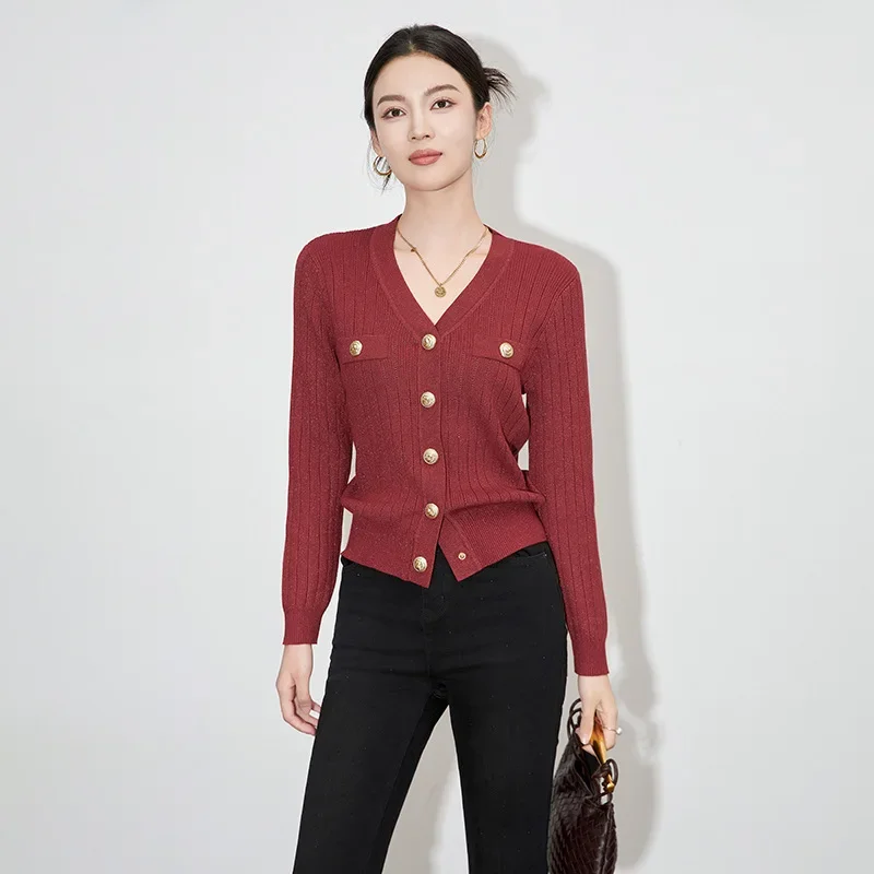 Women's knitted cardigan V-neck button-up slim short long-sleeved top