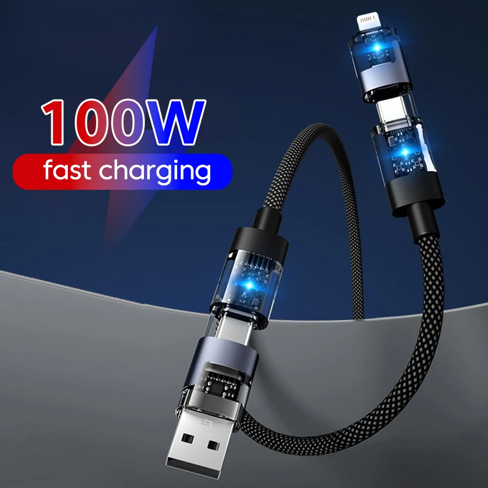 كابل شحن سريع 4 في 1 بقدرة 100 وات USB C إلى النوع C كابل بيانات شحن سريع مع LED لهاتف iPhone 15 16 كابل USB Samsung Macbook #1