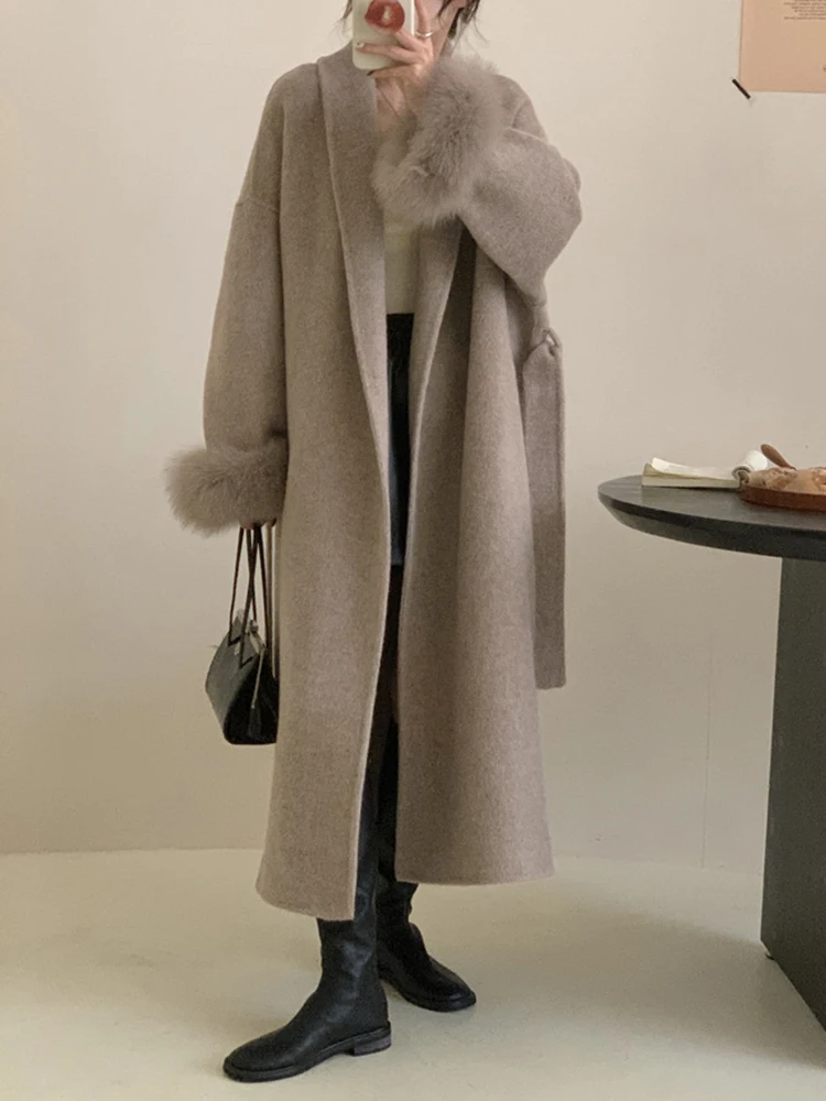 FANAN Elegant Fox Fur Sleeve Design Wool Coats For Women Lapel Belt Gathered Waist Thick Warm Female Outwear 2025 Winter New