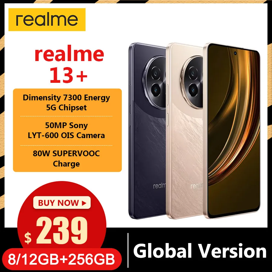 Global Version realme 13 Plus 5G Smartphone Dimensity 7300 Energy Chipset 5000mAh Battery 50MP Sony OIS Camera 120Hz 80W Charger