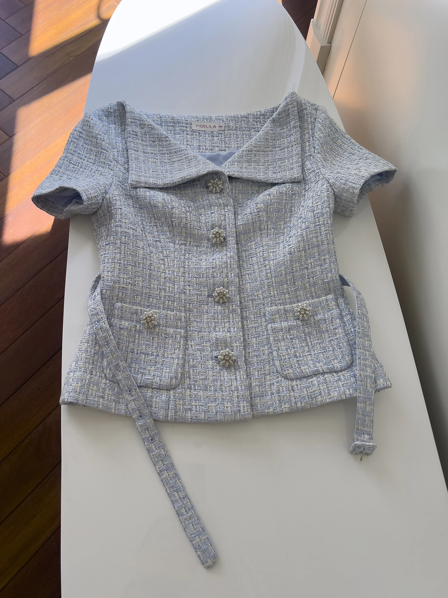 Retro Blue Woolen Tweed ort Sve Coat High Waist Split Skirt Set Faionable Wedding Guest Dr for Women in Their 30s